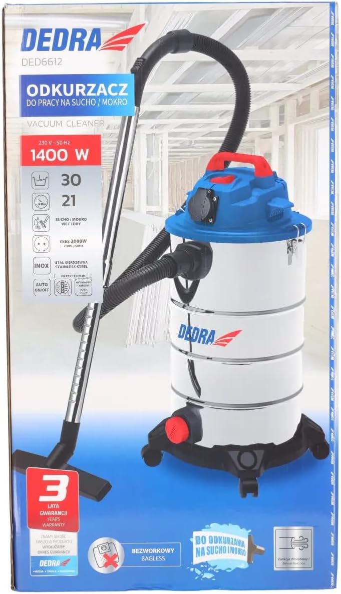 Dedra Trocken-/Nasssauger, 1400W, 30 l Behälter, Teleskop-Metallrohr, Ausblasfunktion, Saugschlauch