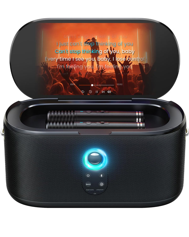 Ikarao Karaoke-Maschine mit integriertem Bildschirmdisplay, Bluetooth, kabellosen Mikrofonen & Party