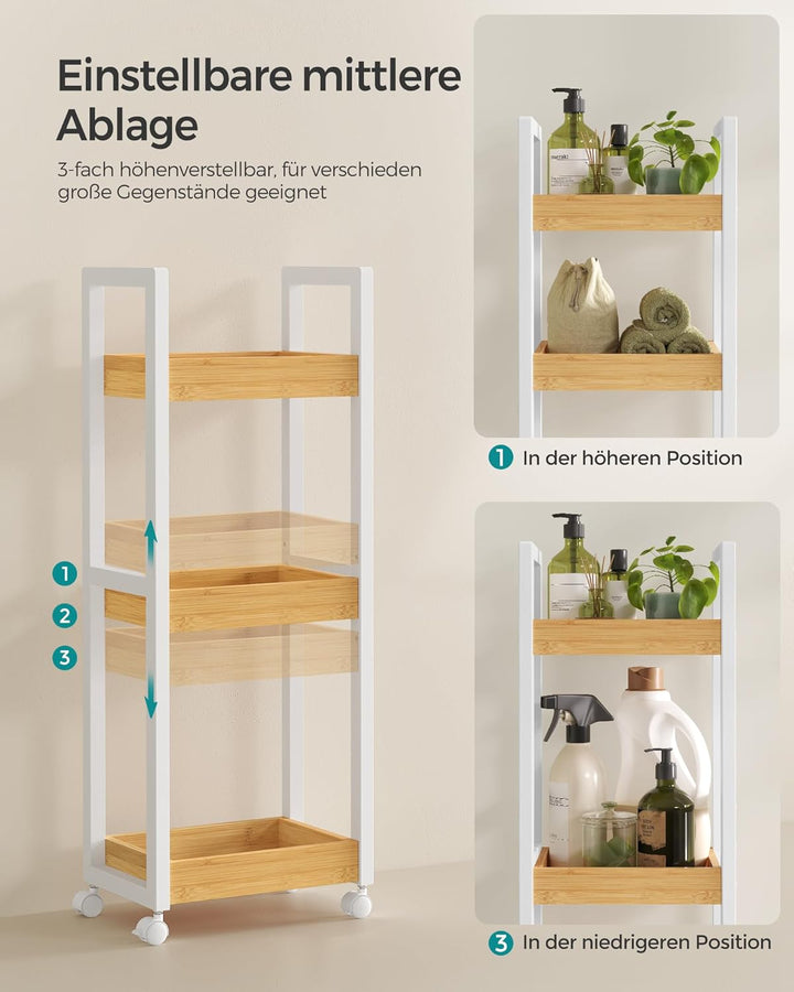 SONGMICS Rollwagen, Badregal, Badezimmerregal mit 3 Ebenen, Nischenregal Bambus, Regal schmal, Nisch