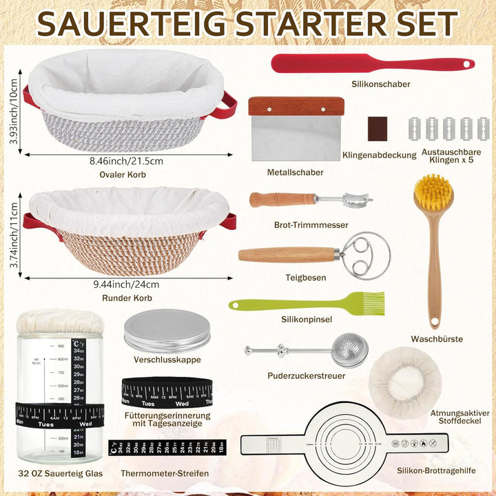 Gärkorb Brot Set Sauerteig Starter Set mit 2 faltbare Gärkörbchen Teigschaber Brot Sling und Teigrüh