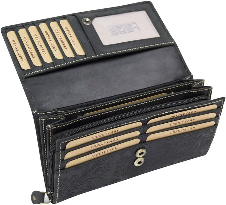 Grosse Damenlangbörse Natur Damen Portemonnaie im Vintage Look LEAS in Echt-Leder, schwarz