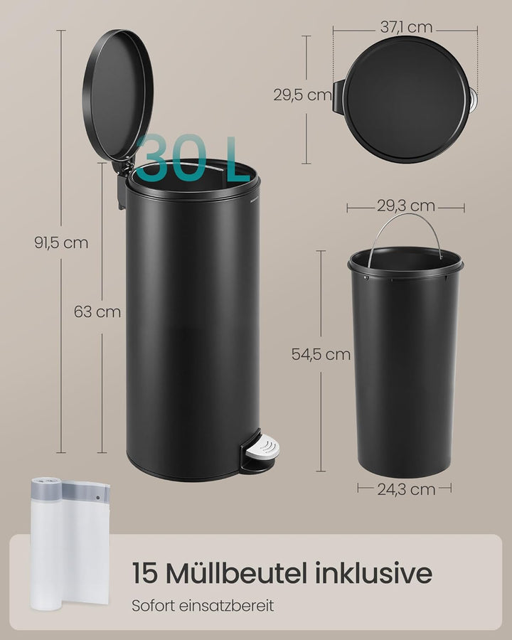 SONGMICS Mülleimer Küche, rund, Abfalleimer, 15 Müllbeutel, Tretmülleimer mit Metall-Pedal, herausne