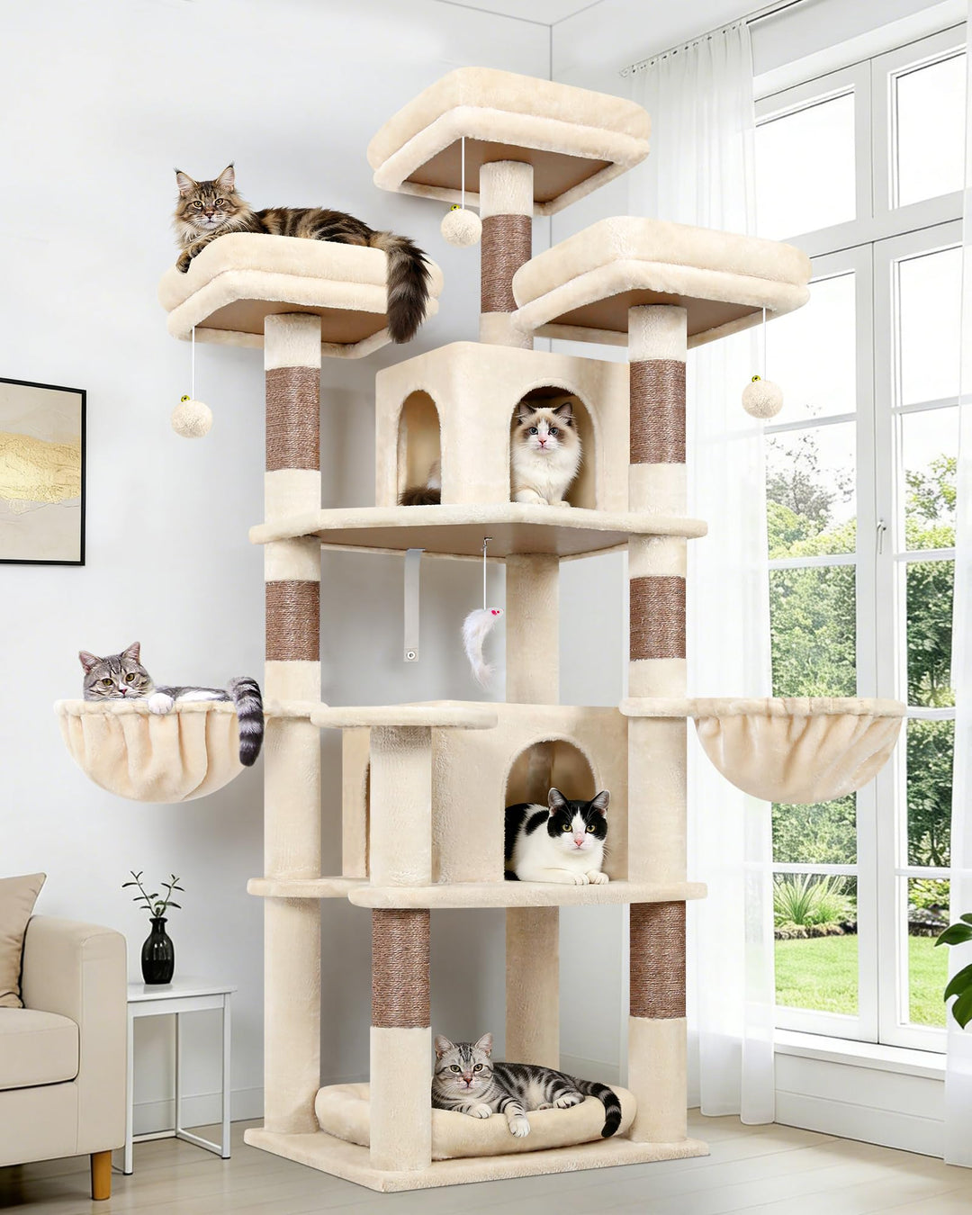 Globlazer Beige Kratzbaum Stabil 174 cm mit 3 Gepolsterte Sitzstangen, 2 Katzenhaus, 2 Korb, Abnehmb
