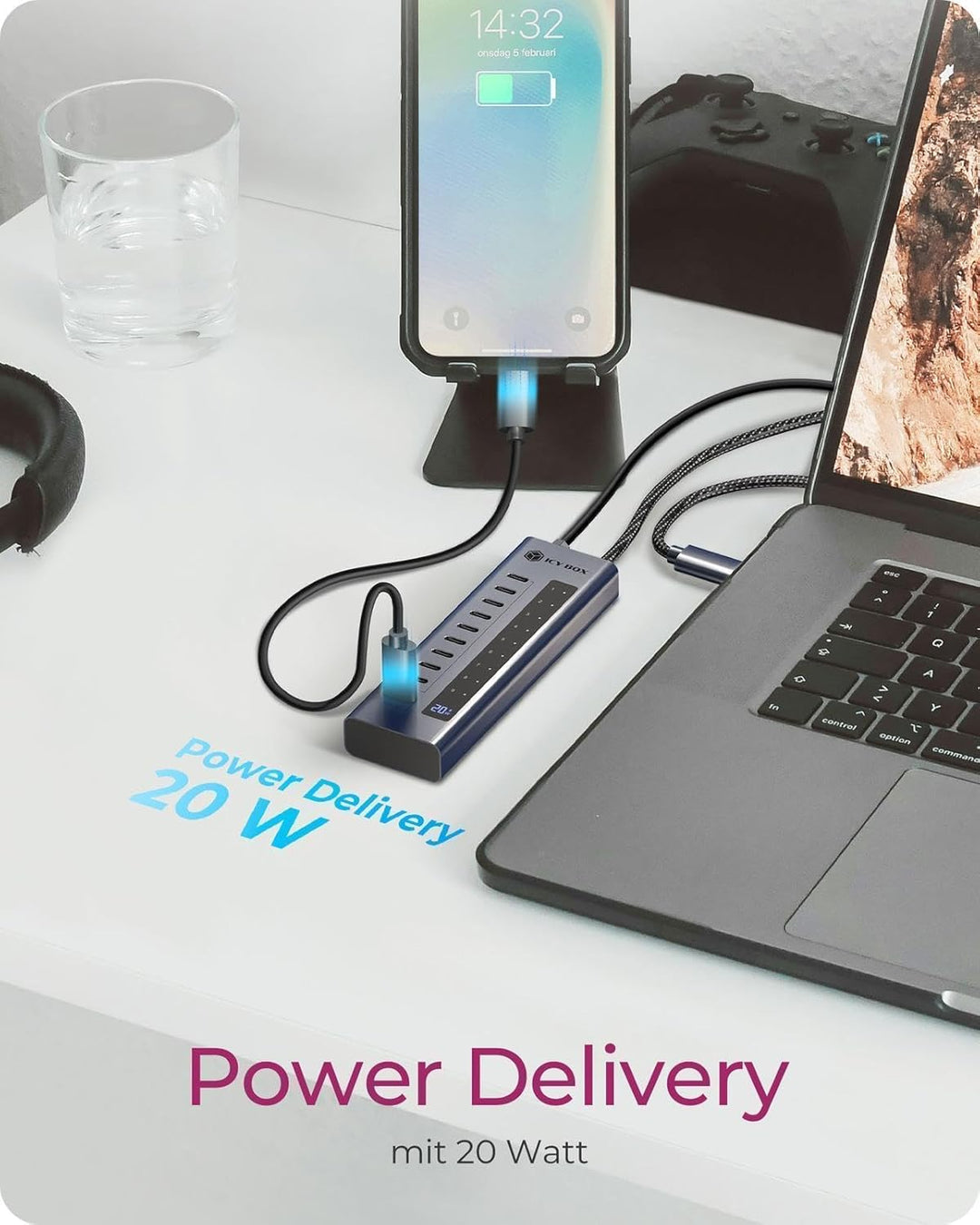 ICY Box 10-Port USB-C Hub, 9X USB 3.2 Gen 2 (10 Gbit/s), 1x USB-C Power Delivery 20 W, Aluminiumgehä
