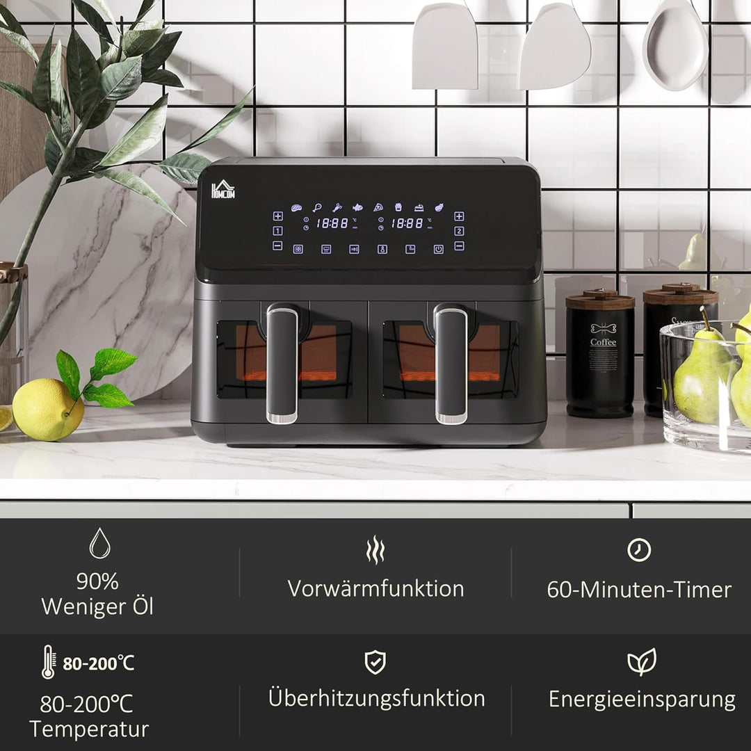 HOMCOM Dual Zone Heissluftfritteuse 8 L Airfryer 2500W mit 2 Fächer, 8 Programme, Antihaftbeschichtu
