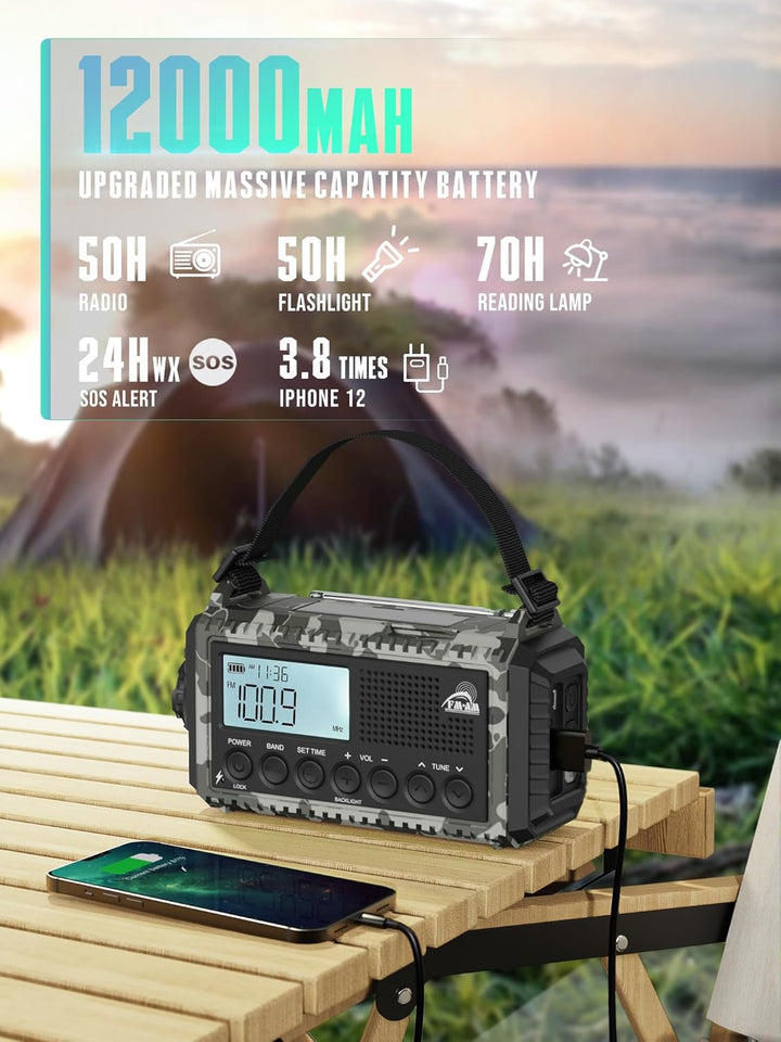 Kurbelradio 12000mah mit Handyladefunktion Solar, AM/FM/SW Notfallradio,Usb/Typ C, Sos,Wiederaufladb