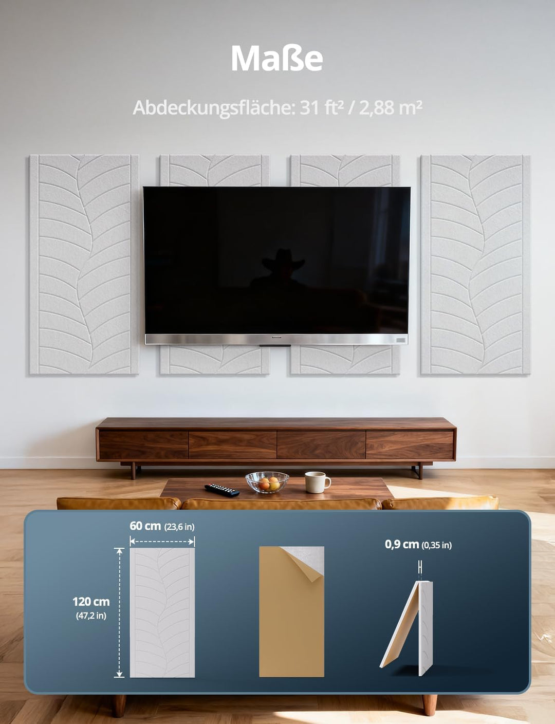 Gross Akustikplatten Selbstklebend 120x60x0,9cm – 4 Stück Akustik Weisse Schallabsorber Panels mit B