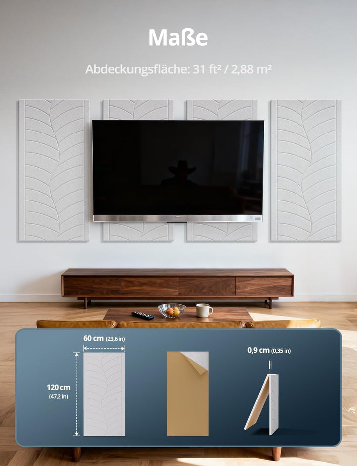 Gross Akustikplatten Selbstklebend 120x60x0,9cm – 4 Stück Akustik Weisse Schallabsorber Panels mit B