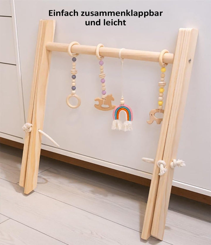 Spielbogen Baby Holz inkl. 5 Spielzeugen – Stabiler & Klappbares Spieltrapez