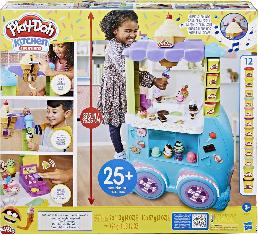 Play-Doh Kitchen Creations Grosser Eiswagen, Spielset mit 27 Accessoires, 12 Dosen und realistischen