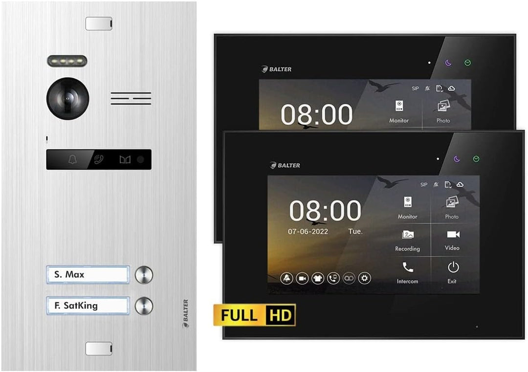 Balter EVO HD Silber/Schwarz Video Türsprechanlage Set für 2 Familienhaus (1x Türstation mit Full HD