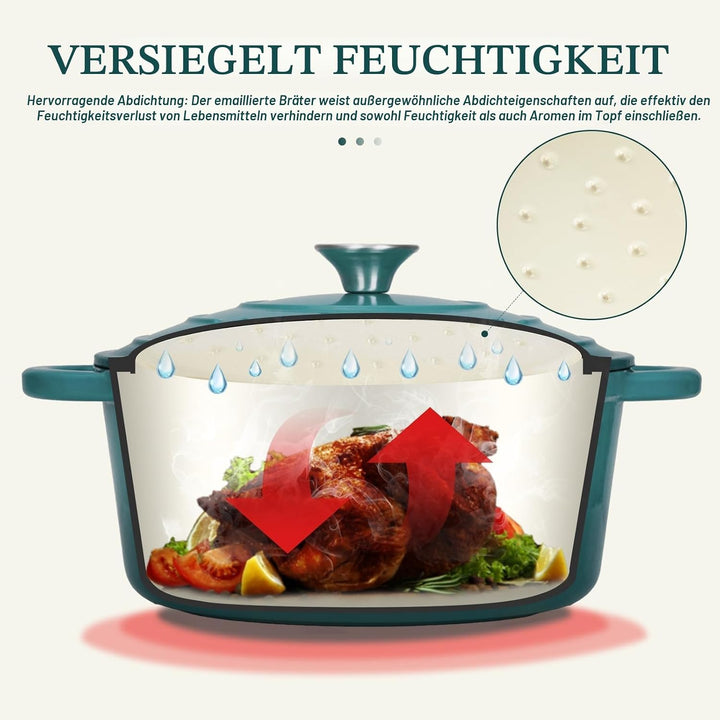 Overmont Bräter emaille Gusseisen Topf - Schmortopf 26cm backofengeeignet - mit Deckel und Kochbuch