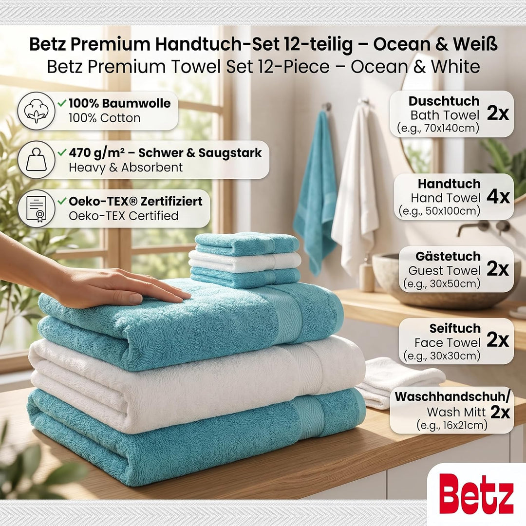 Betz 12-TLG. Handtuch Set Premium 100% Baumwolle 2 Duschtücher 4 Handtücher 2 Gästetücher 2 Seiftüch