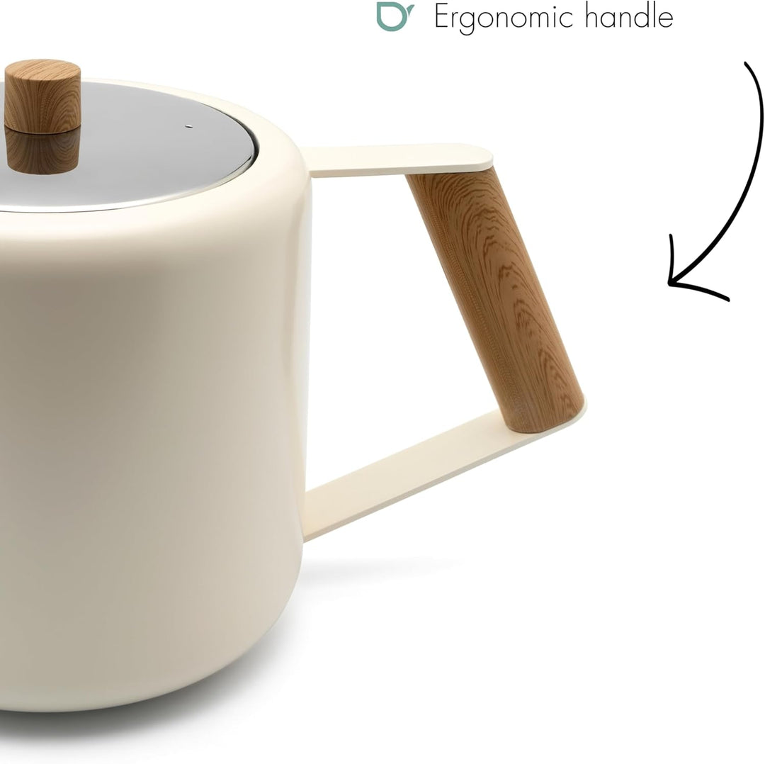 doppelwandige Creme-weisse Edelstahl Teekanne 1.1 Liter - isolierende Kanne für längeren Teegenuss 1