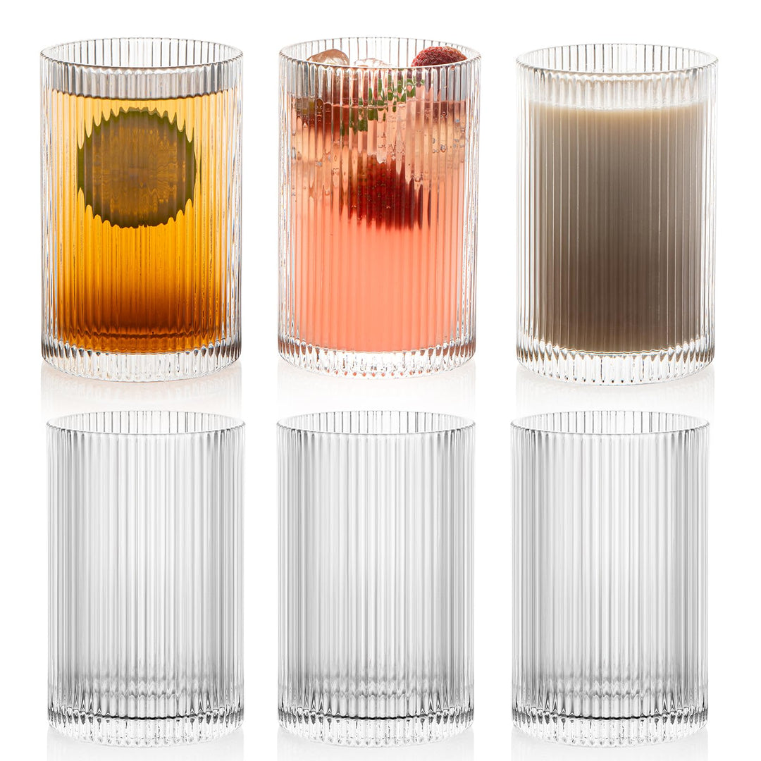 POLIDREAM Geriffelte Gläser 6er Set, 500ML Longdrinkgläser Set, Origami-Stil Glasbecher, Glasses Set
