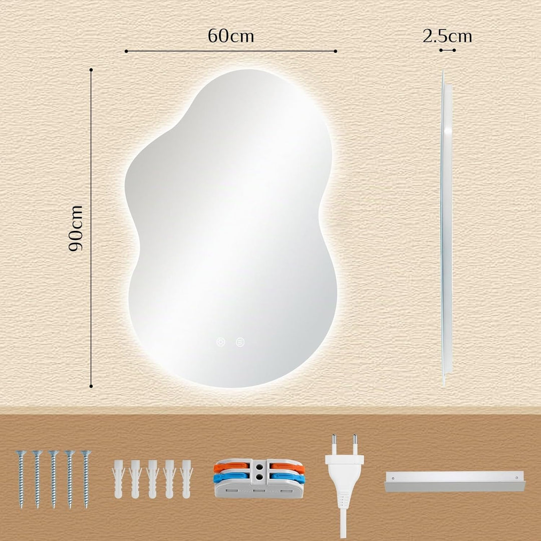 Clevich Badspiegel mit Beleuchtung Asymmetrisch 90×60 cm, LED Spiegel mit 3 Lichtfarben dimmbar, geh