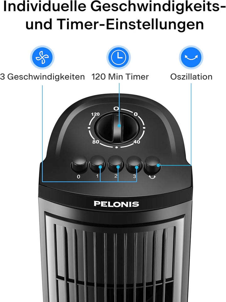 PELONIS 76 cm Oszillierender Turmventilator, 3 Geschwindigkeitsstufen, 8H Timer, Leiser & Platzspare