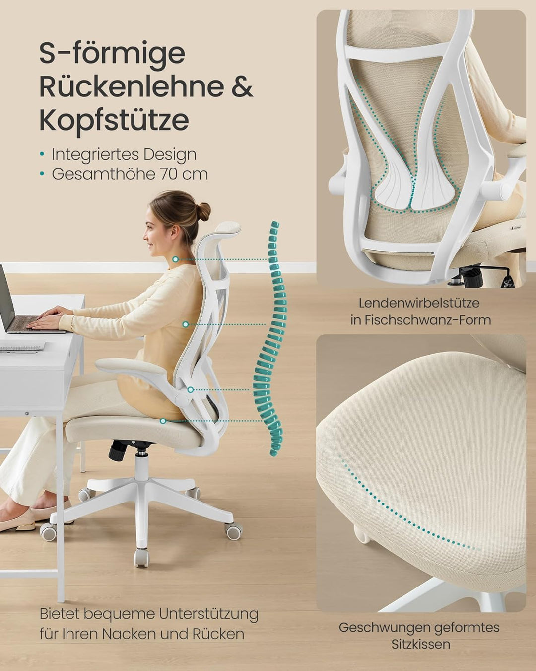 SONGMICS Bürostuhl, Schreibtischstuhl, ergonomische Rückenlehne, höhenverstellbar, hochklappbare Arm