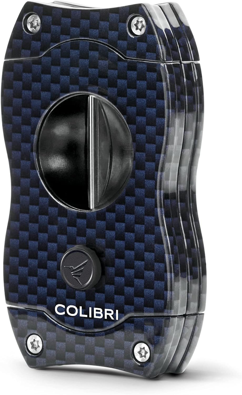 Colibri V-Cut Zigarrenschneider | Blaues Kohlefaserdruck | Federauslöser | Tiefer 7mm V-Schnitt | Bi