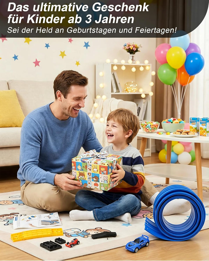 Flexible 3-Spur-Rennbahn für Kinder, 5 m lange aufrollbare Rennbahn mit 6 Autos, batterieloses Set o
