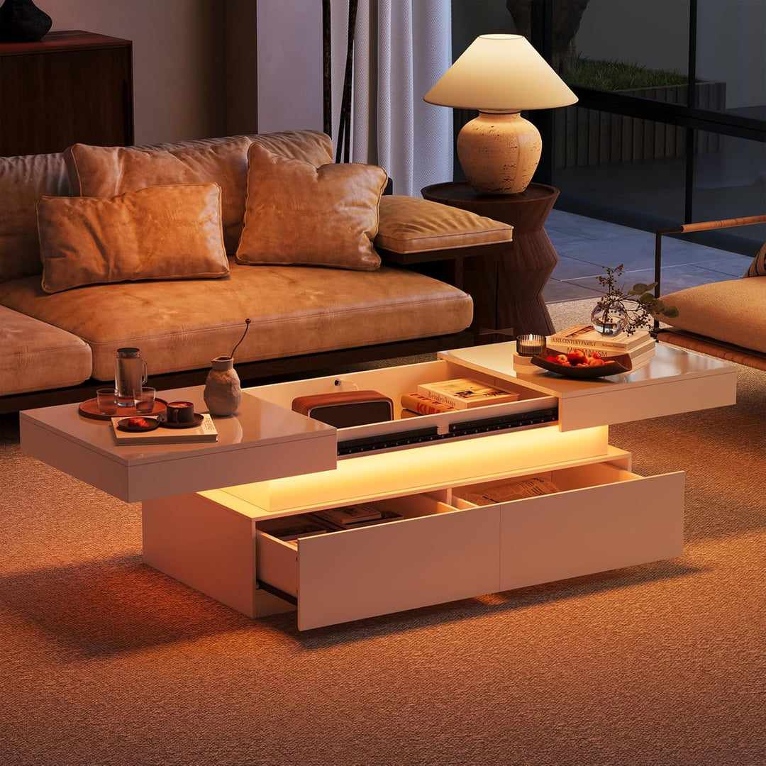 YOUDENOVA Couchtisch Weiss mit Stauraum, Wohnzimmertisch Hochglanz mit 7 Farbiger LED Beleuchtung, A