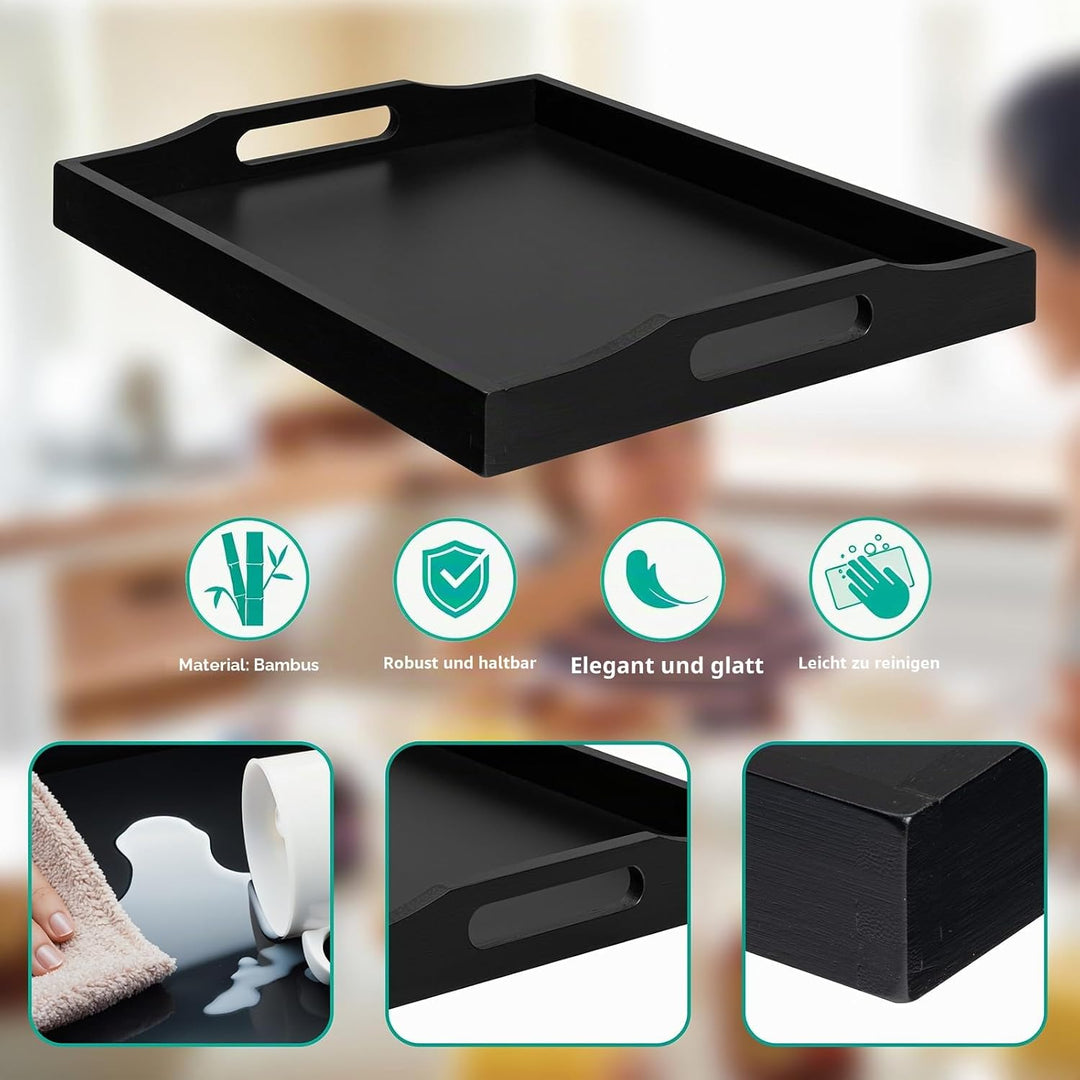 RRX Serviertablett mit Griffen,Betttablett für Lebensmittel (Schwarz) | Holzschale für Tee, Snack, A