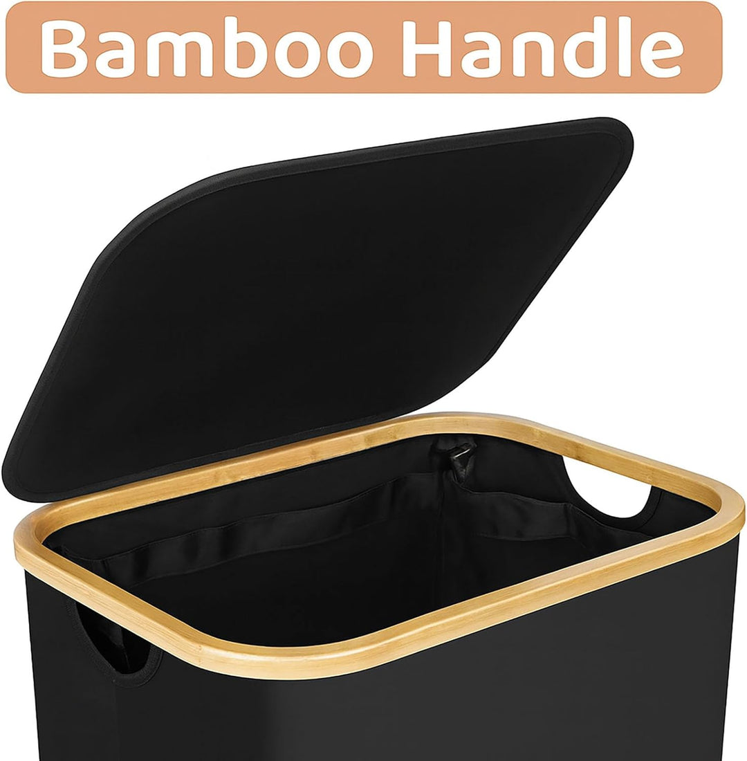 Bambus Wäschekorb 110L mit Rollen und Deckel, faltbare Wäschebox für Bad und Schlafzimmer (GRAY), Gr