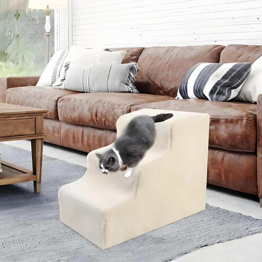 Hundetreppe 3 Stufen 30cm hoch | Haustiertreppe mit Plüschbezug | rutschfeste Katzentreppe & Hundetr