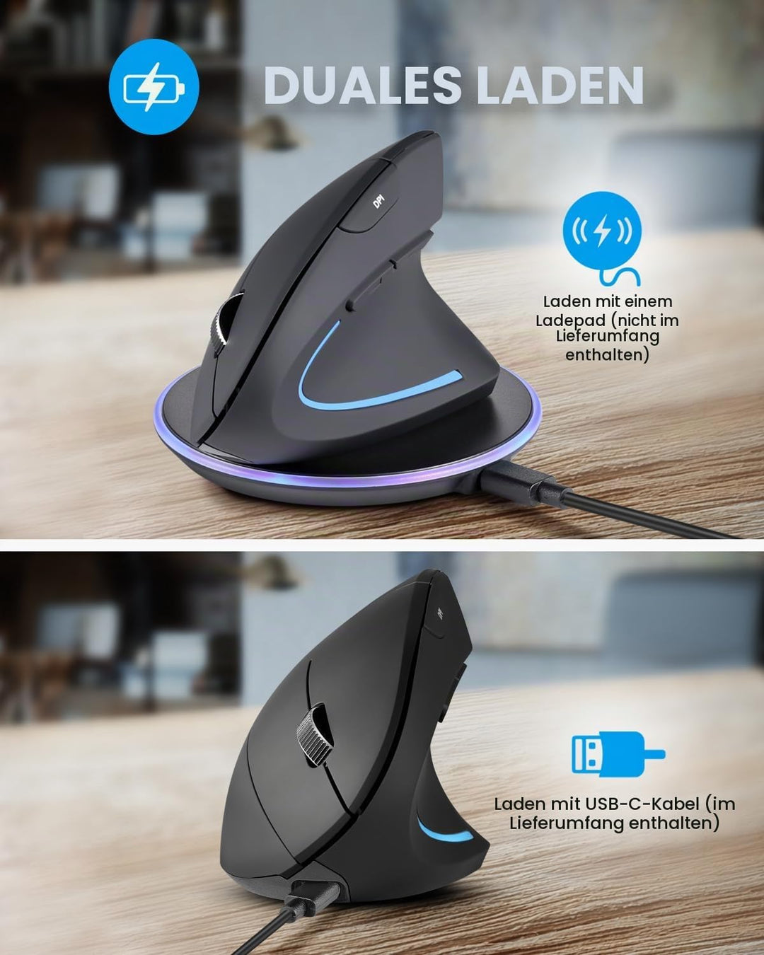 Perixx PERIMICE-813RX Kabellose Ergonomische Vertikale Maus, Multi-Device-Konnektivität, Wiederaufla