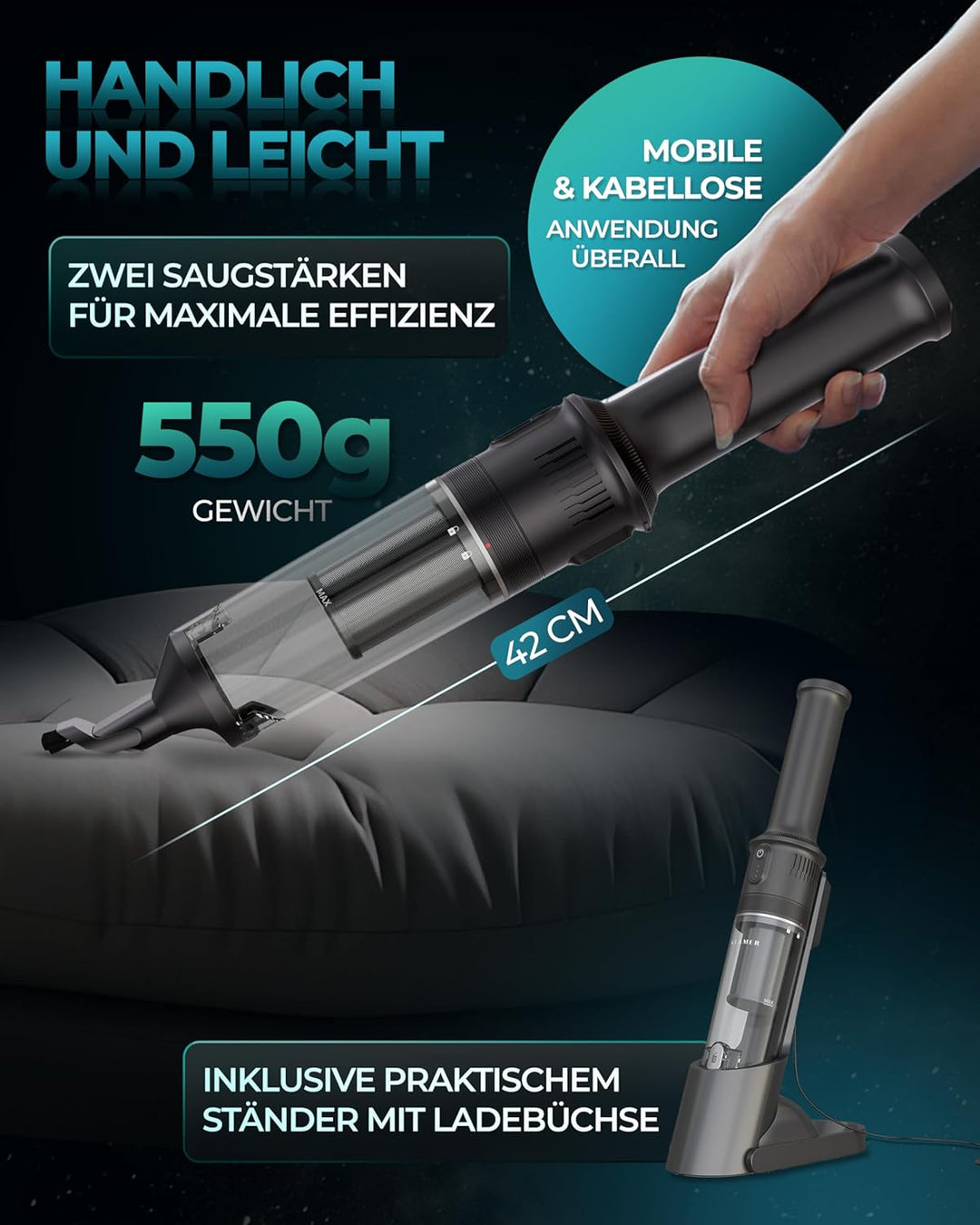 KLAMER Handstaubsauger, 140W Akku Handstaubsauger, Leistungsstark mit 16.000 PA und 36 min Laufzeit,