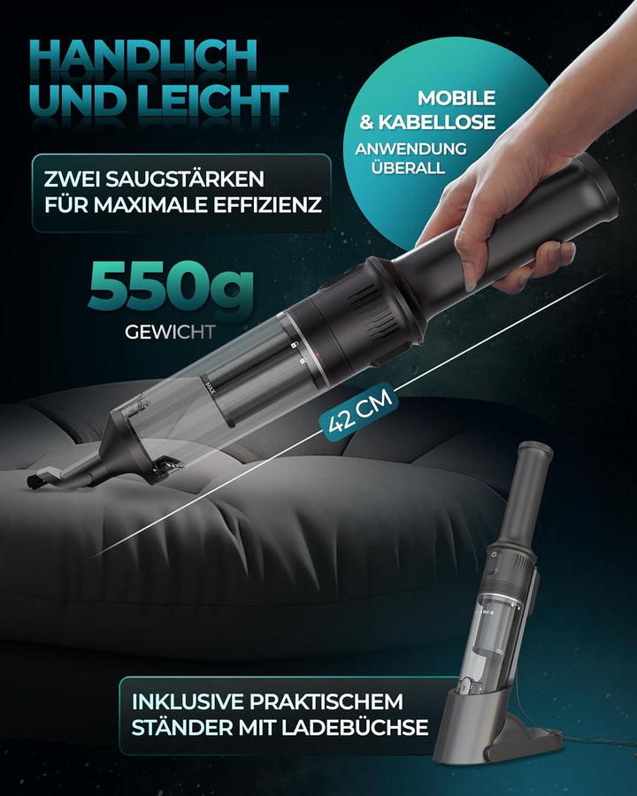 KLAMER Handstaubsauger, 140W Akku Handstaubsauger, Leistungsstark mit 16.000 PA und 36 min Laufzeit,