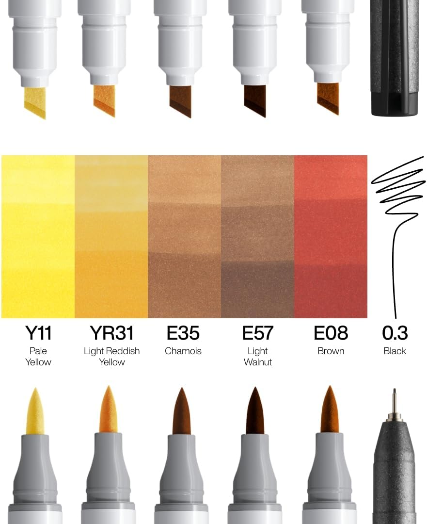 COPIC Ciao Marker Set 5+1 Hair Tones 1, Blisterpackung mit 5 Markern + 1 Multiliner 0,3 mm, für Skiz