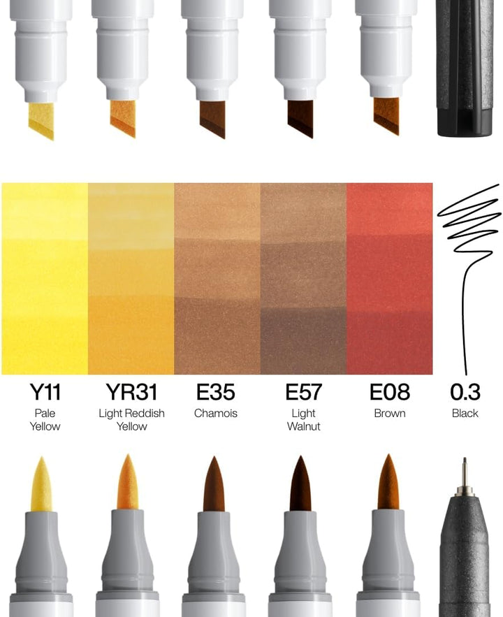 COPIC Ciao Marker Set 5+1 Hair Tones 1, Blisterpackung mit 5 Markern + 1 Multiliner 0,3 mm, für Skiz