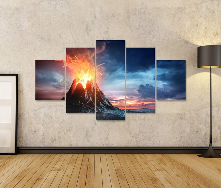 islandburner, Bild auf Leinwand Im Gebirgsvulkanausbruch Wandbild Poster Leinwandbild 170x80 5-teili