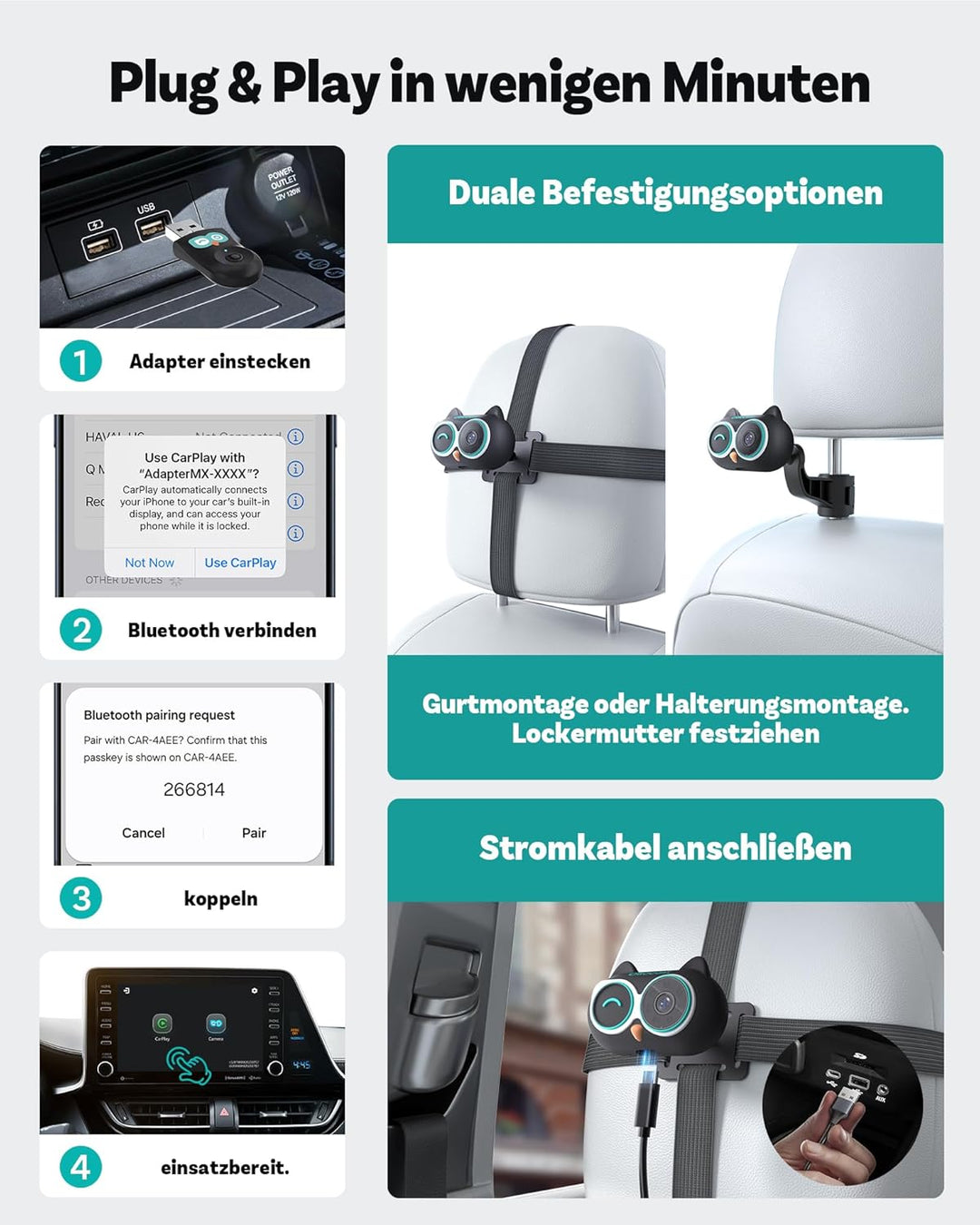 OTTOCAST 2-in-1 Baby Auto Kamera & Wireless CarPlay Adapter, 1080P HD, Echtzeit-Anzeige auf Original