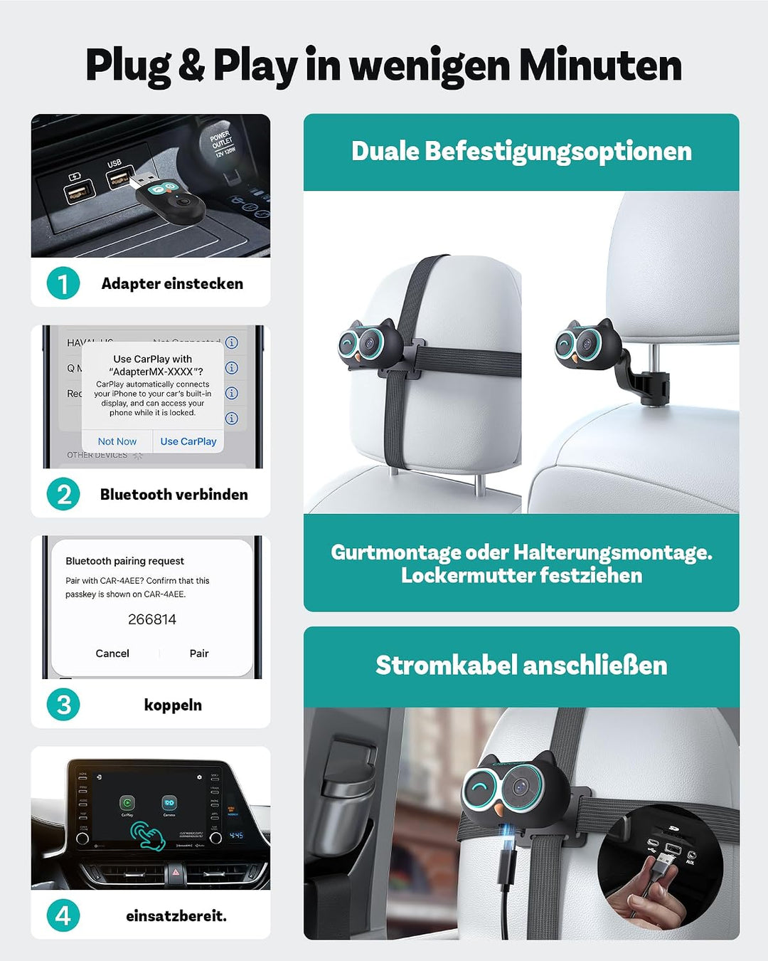 OTTOCAST 2-in-1 Baby Auto Kamera &amp; Wireless CarPlay Adapter, 1080P HD, Echtzeit-Anzeige auf Original