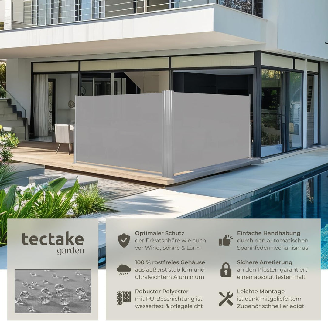 TecTake Doppel- Seitenmarkise Sonnenschutz Sichtschutz Gehäuse und Standpfosten komplett aus Alumini