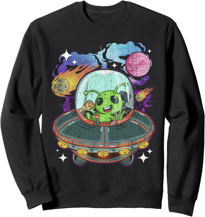 Alien Eating Pizza Spaceship UFO Lover Vintage Space Trip Sweatshirt
