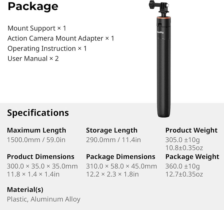 SMALLRIG 59" Selfie-Stativ für GoPro Hero 13/12/11/10,für DJI Action 5 Pro/4/3/Osmo360 Nano, unsicht
