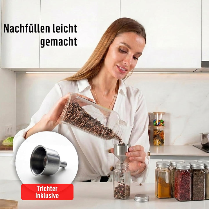 Deco haus® Gewürzgläser eckig mit Schraubkappe 12er Set [+Etiketten & Streueinsatz] - Gewürzdosen Se