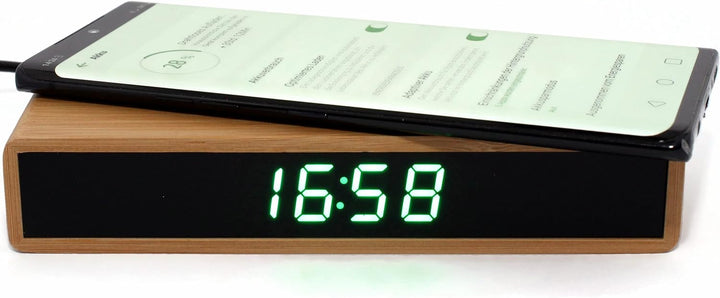 Atlanta Quarz-Wecker LED Anzeige mit Wireless Charging Induktiv Ladefunktion Bambus Gehäuse - 2603