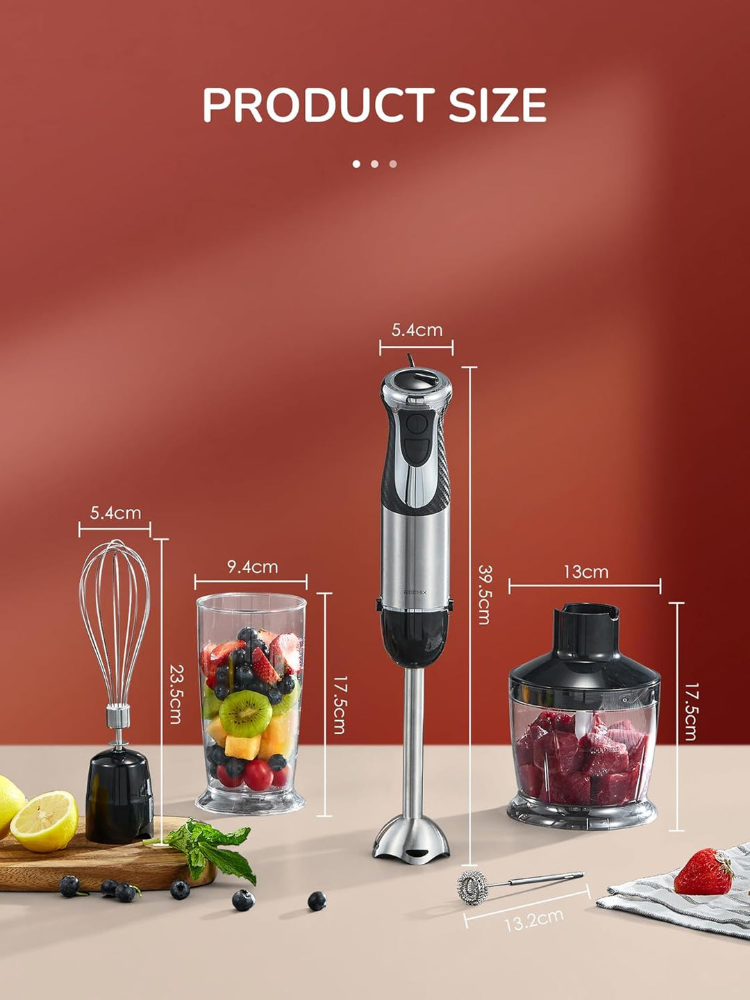 Pürierstab, 5-in-1 Stabmixer Edelstahl, 1000W Pürierstab mit 12 Geschwindigkeiten und Turbo-Modi, In
