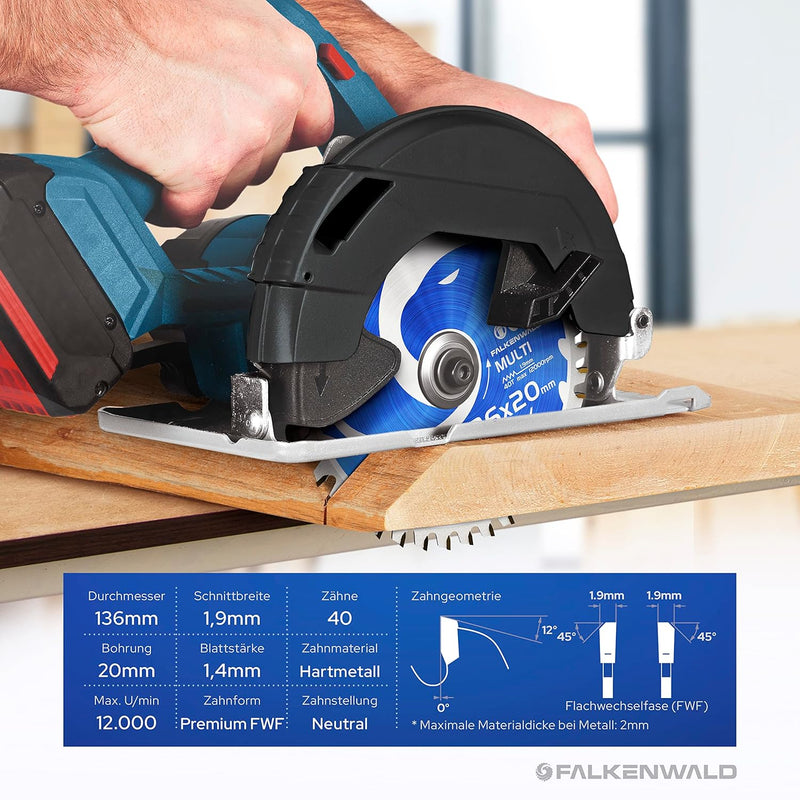 FALKENWALD ® Kreissägeblatt 136 x 20 mm - Ideal für Holz, Metall & Alu - Handkreissägeblatt kompatib