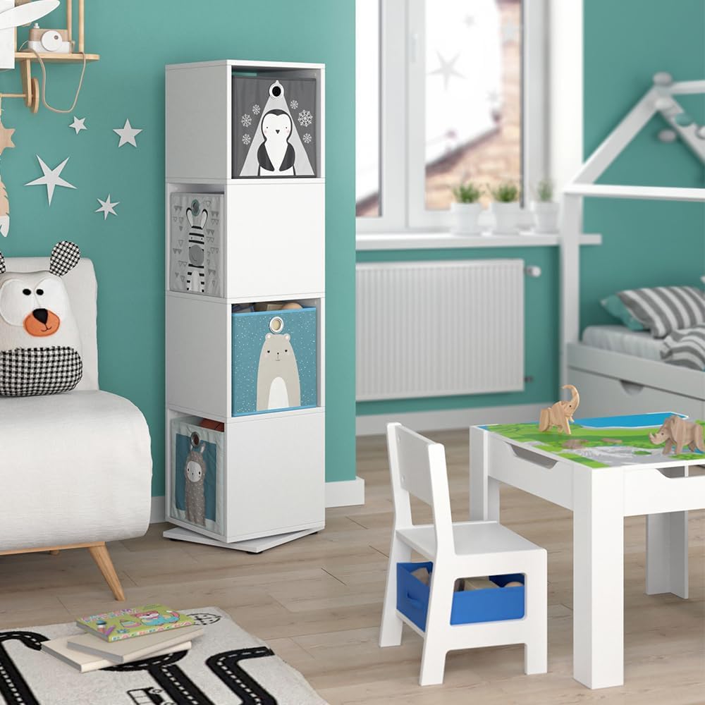 Vicco Kinderregal, Weiss, 35.2 x 141.5 cm mit 4 Faltboxen Weiss Drehregal + 4 Faltboxen, Weiss Drehr