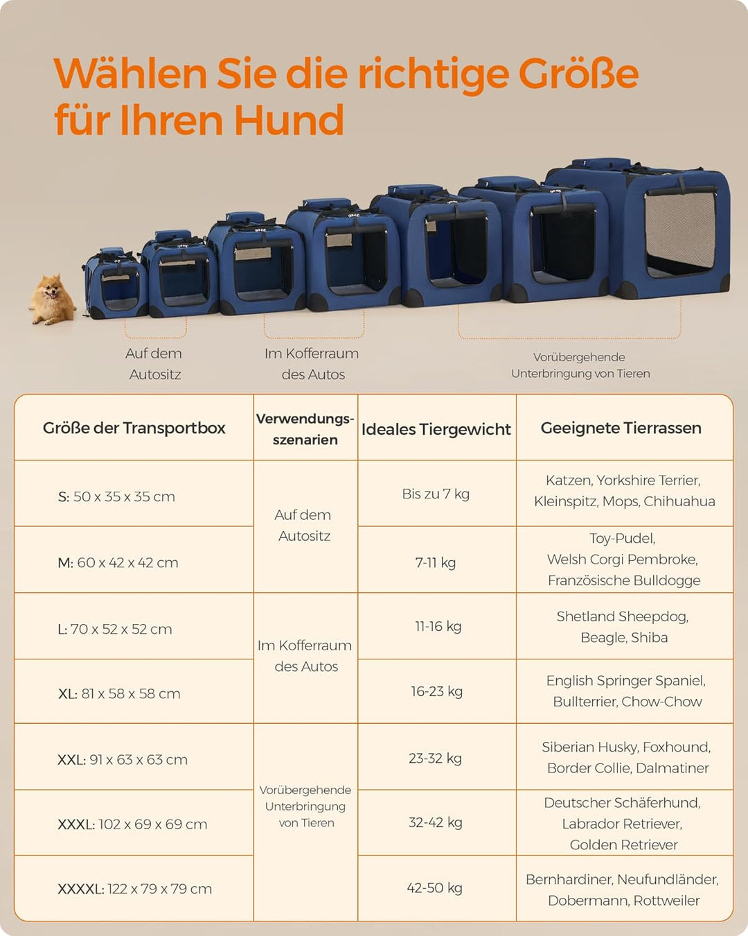 FEANDREA Hundebox, Hundetasche, faltbar, 60 x 42 x 42 cm, dunkelblau PDC60Z 60 x 42 x 42 cm