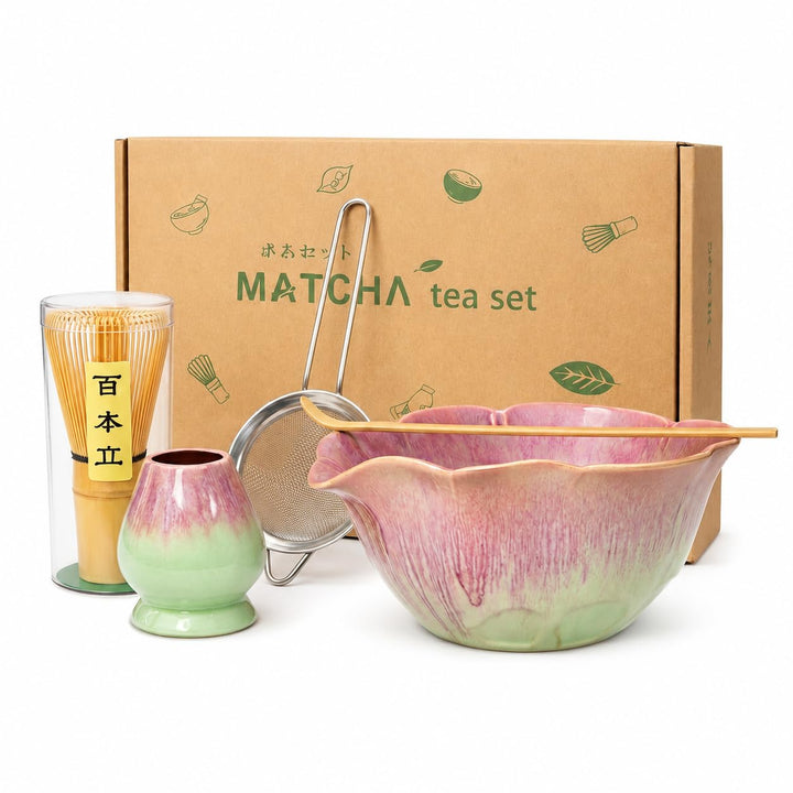 Matcha Set 5-teilig, Matcha Schale mit Ausgiesser in Blumenform Grün Rosa, Chasen, Bambusbesen, Chas