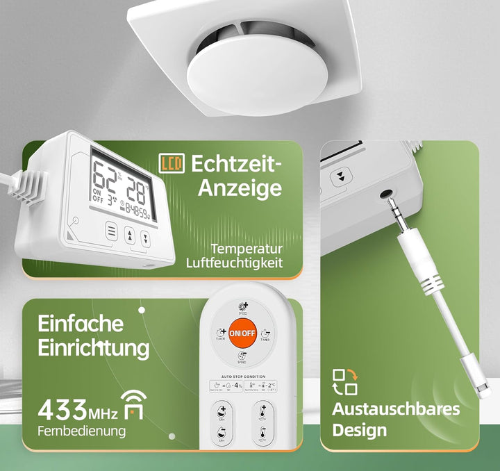 Badlüfter mit Feuchtigkeitssensor Temperatursensor Timer - 3 Stufen Bad Lüfter 100mm mit Fernbedienu