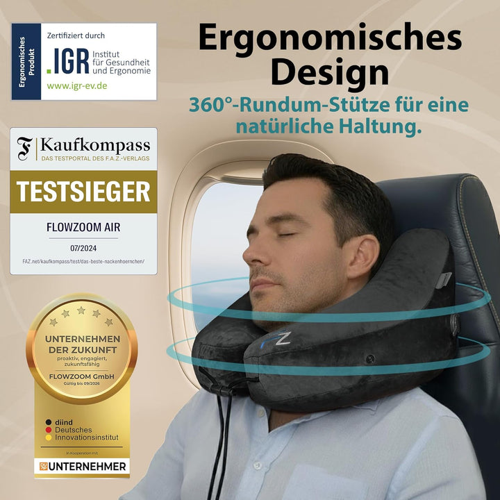 FLOWZOOM AIR Nackenkissen aufblasbar mit Kapuze - Reisekissen - Schnell aufblasbares Reise - Flugzeu