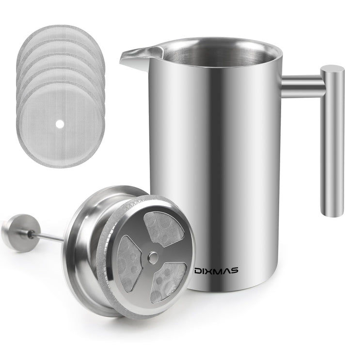 French Press 1000 ml / 8 Tassen, Kaffeebereiter aus Edelstahl, doppelwandig isoliert, Kaffeepresse m