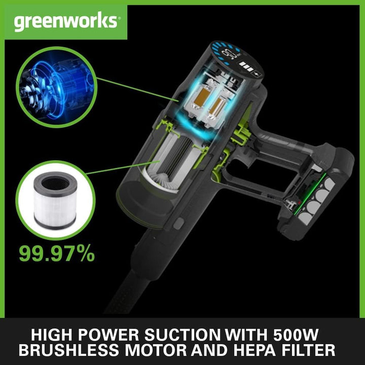 Greenworks Kabelloser Staubsauger, hohe Saugleistung, Hepa-Filter, Tierhaaraufsatz, 3 Leistungsstufe
